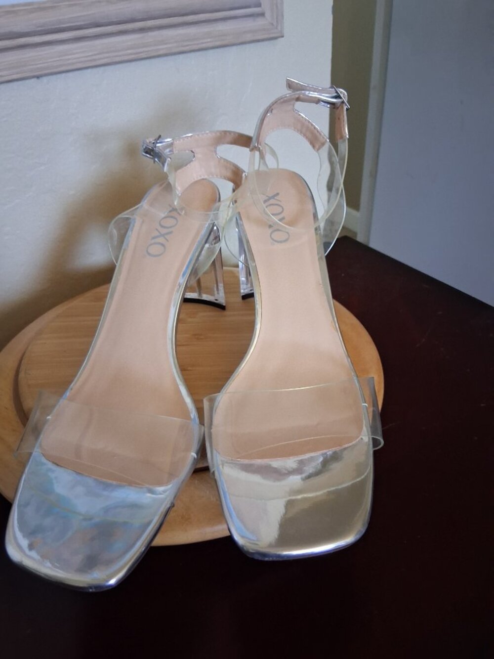 XOXO Clear block heel sandals. Silver metallic. Footbed. Trendy, Size 11. Ankle